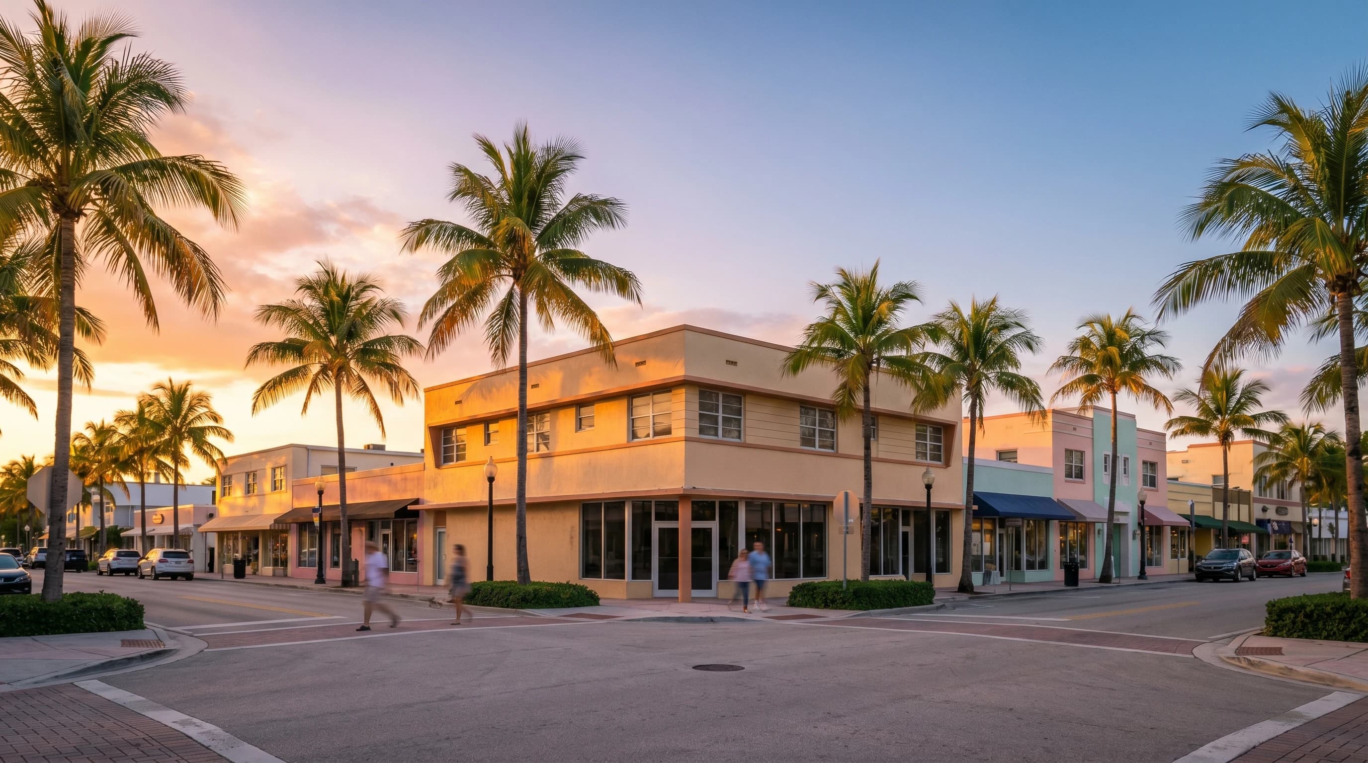 Late-afternoon golden light on a Downtown Delray Beach corner — palm trees, soft pastel sky, low-rise mid-century commercial buildings.